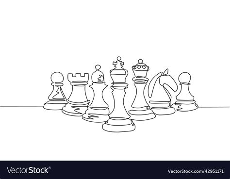 Single One Line Drawing Chess Pieces Aligned Vector Image