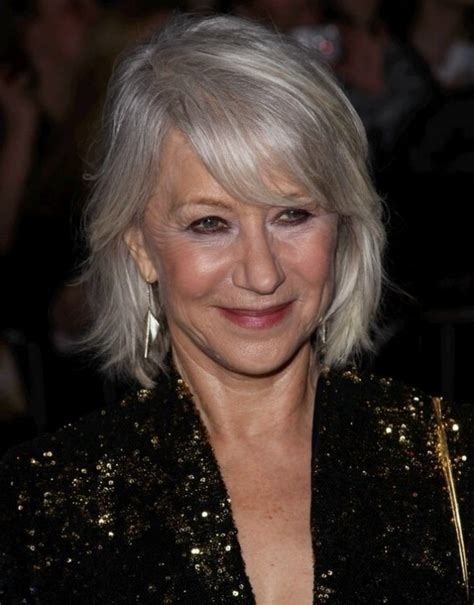 Helen Mirren With Her Silver White Hair In A Style That Touches The Collar