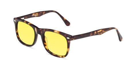 Yellow Tortoise Horn Rimmed Acetate Square Tinted Sunglasses With Medium Yellow Sunwear Lenses 007