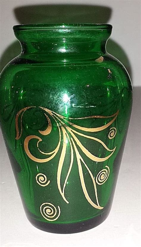Vintage Emerald Green Glass With Gold Trim Vase 4 Height Bud Vases Green And Gold Green Glass