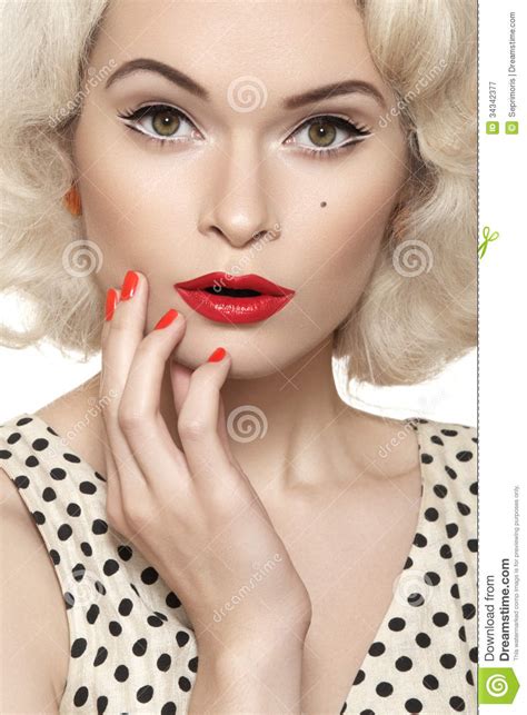 American Retro Pin Up Girl With Old Fashioned Make Up Red Nails