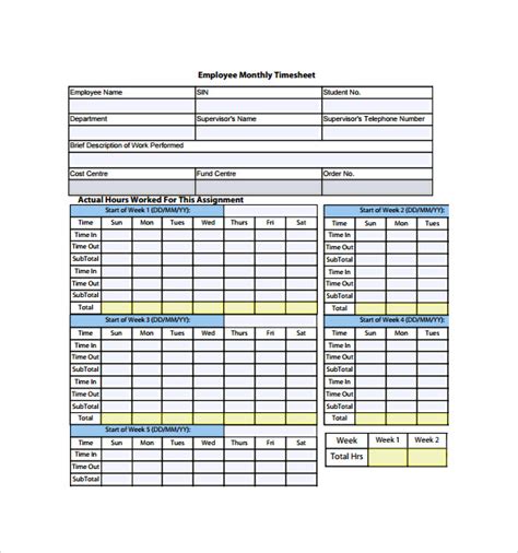 Monthly Timesheet Template Free Printable Pdf Template
