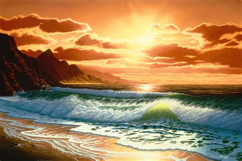 Sunset seascape colorful watercolor on paper. Hawaiian Sunset Painting by Del Malonee