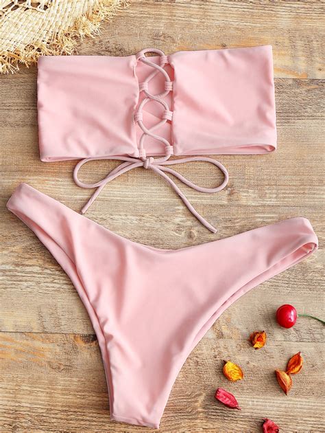 Off Zaful Unlined Back Lace Up Bandeau Bikini Set In Pink