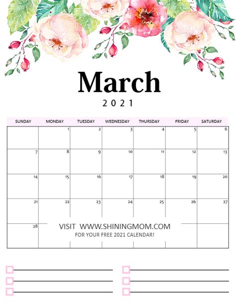 Free Printable Calendar 2021 In Pdf Beautiful Florals With Notes