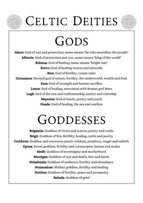 A Black And White Poster With The Words Celtic Deities God S Goddesss