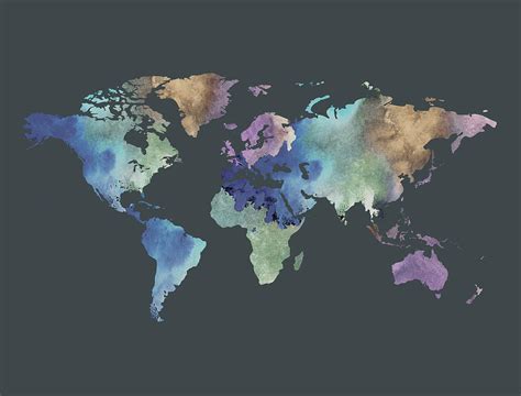 Vintage Multicolor Brush Strokes World Map Watercolor Silhouette