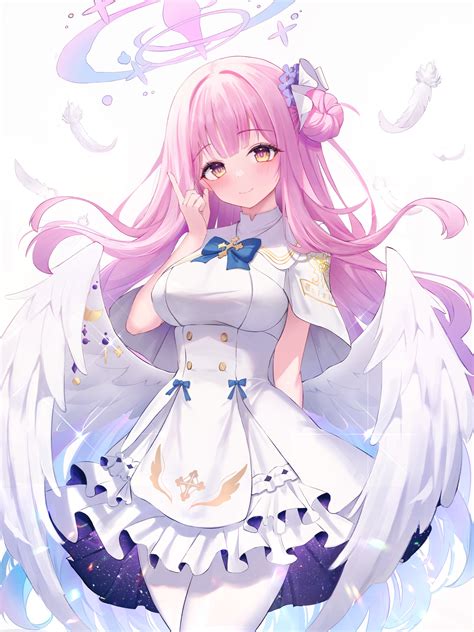 Wallpaper Pink Hair Long Hair Yellow Eyes Wings Halo Feathers