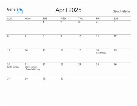 Printable April 2025 Monthly Calendar With Holidays For Saint Helena