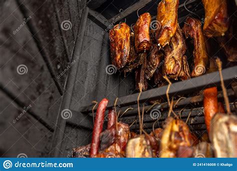 Traditionally Smoked Meats In A Smokehouse Food Concept Stock Photo