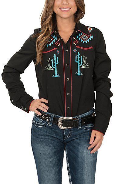 roper women s black old west aztec cactus embroidered l s western snap shirt… rodeo shirts