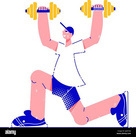 Fitness People Flat Composition With Male Character Holding Two Barbells In Hands Vector