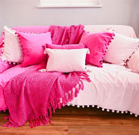 Fuchsia Pink Velvet Pom Pom Cushion Ragged Rose