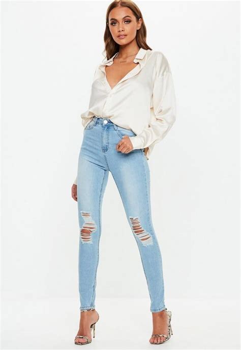 Light Blue Sinner Distressed Knee High Waisted Skinny Jeans Missguided