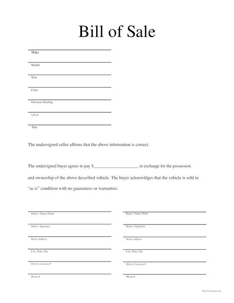 Printable Bill Of Sale For A Card To Help You With The Sale Or Purchase
