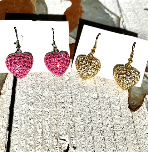 Rhinestone Heart Earrings Dangle Heart Earrings Pink Etsy