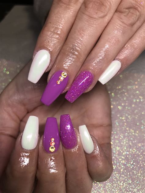 Purple White Chrome Nails Acrylics Swarovski Coffin | Coffin nails
