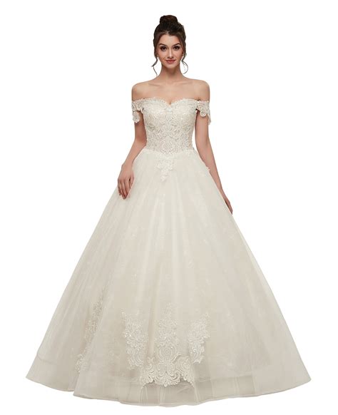 Onlyce Elegant Off The Shoulder Lace Applique Wedding Dress Floor