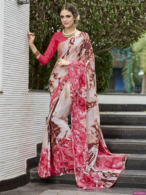 New Designer Peach And Pink Crepe Silk Printed Saree Floral Print Sarees Saree Designs Saree