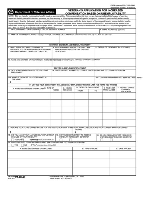 Fillable Va Form 21 8940 Veterans Application For Increased