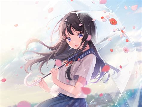 Download 2000x1511 Pretty Anime Girl Smiling Seifuku Umbrella Brown