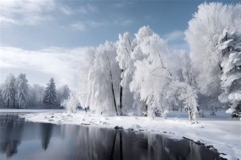 Winter Wonderland Of Snow Covered Trees And Frozen Lake Stock Image