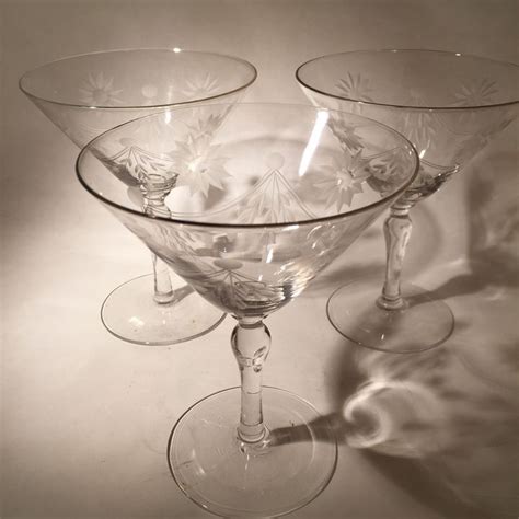 Vintage Martini Glasses Etched Glass Set Of 3 Etsy Vintage Martini