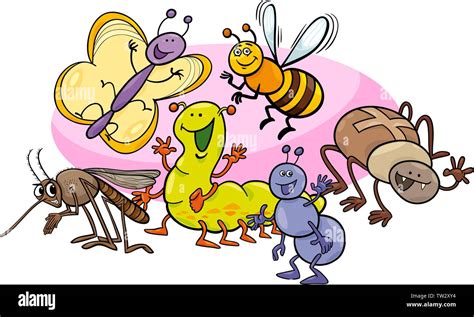 Cartoon Illustration Of Happy Insects And Bugs Animal Characters Group