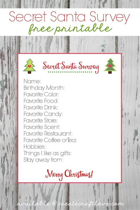 Secret Santa Survey Printable Free Christmas Download