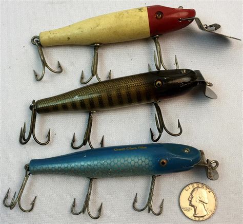 Lot Vintage Lot Of 3 Creek Chub Pikie Wood Fishing Lures W Glass Eyes