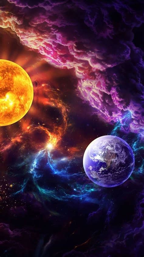 Earth And The Sun Cartoon Image With Galaxy In Different Colors Around
