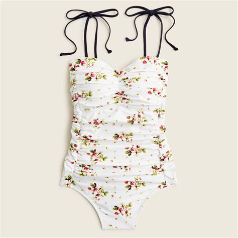 Jcrew Ruched Tie Shoulder One Piece In Strawberry Floral For Women