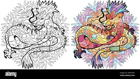 Zentangle Dragon On Mandala For Coloring Hand Drawn Decorative Vector