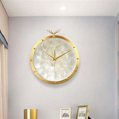 Luxury Deer Solid Brass Wall Clock Silent Seashell Dial Brushed Gold