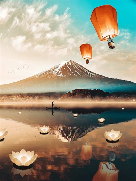 sky lanterns flying chinese lantern fuji japan japanese lantern lake mount fuji hd phone