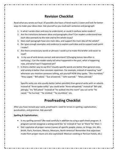 Revision And Proofreading Checklist Teaching Resources