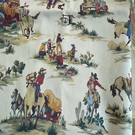 Vintage Beige Western Cowboy And Boxcar Printed 100 Cotton Canvas Fabric