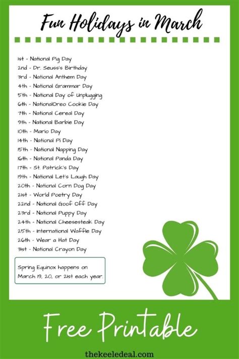 Fun Holidays In March Free Printable List The Keele Deal National