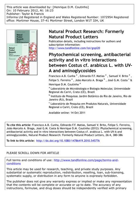 pdf phytochemical screening antibacterial activity and in vitro interactions between costus