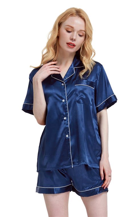 Women S Silk Satin Pajama Set Short Sleeve Navy Blue With White Pipin