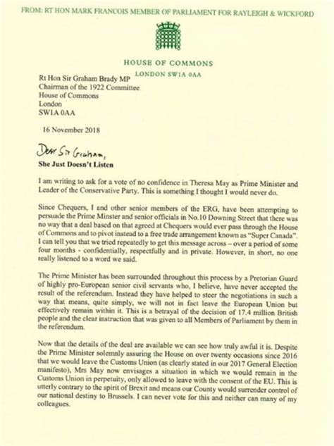 Brexit News Mark Francois Furious No Confidence Letter Theresa May