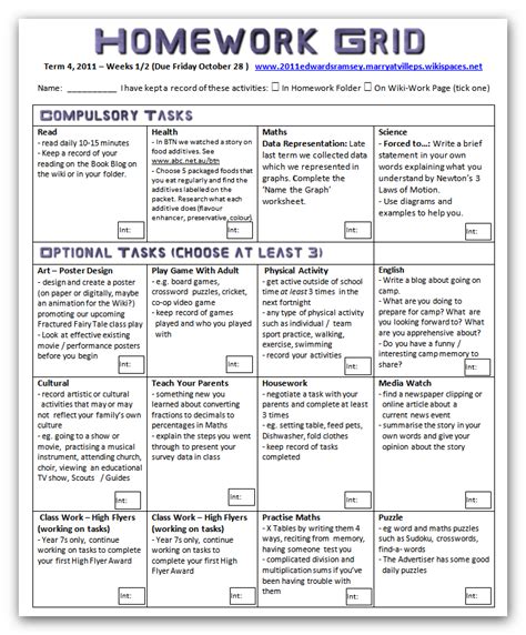 Homework Grids Homework School Resources Teaching