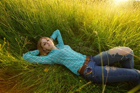 Young Woman Lie In The High Grass Stock Image Image Of Meadow Relaxation 38694889