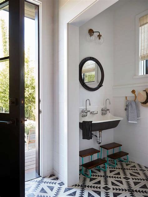 Pool House Bathroom With Black And White Trough Sink Cottage Bathroom