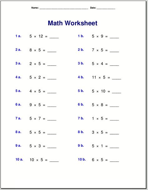 Printable 5 Times Table Worksheet