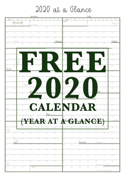 Downloadable Glance Calendar 2020 Free Printable 2020 Year