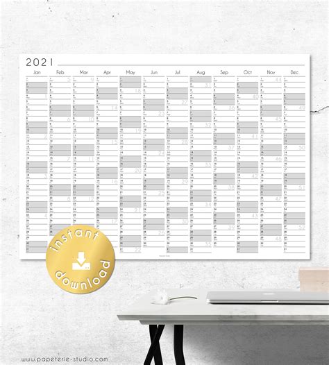 2021 Yearly Wall Calendar Printable Wall Planner 2021 Grey Etsy