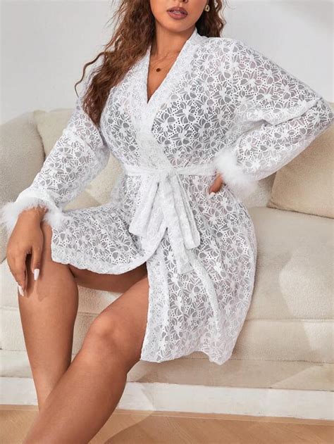 Plus Fuzzy Cuff Belted Lace Robe Without Lingerie Set Shein Usa