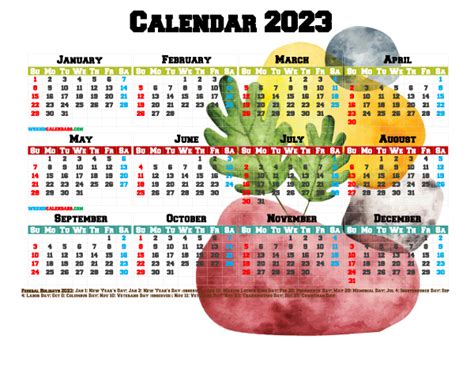 12 Printable 2023 Yearly Calendar With Holidays Watercolor Premium