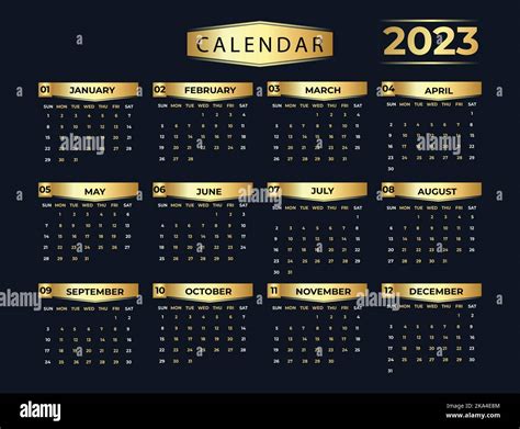 Elegant Golden Colored Yearly Calendar Of Year 2023 With Holidays Week